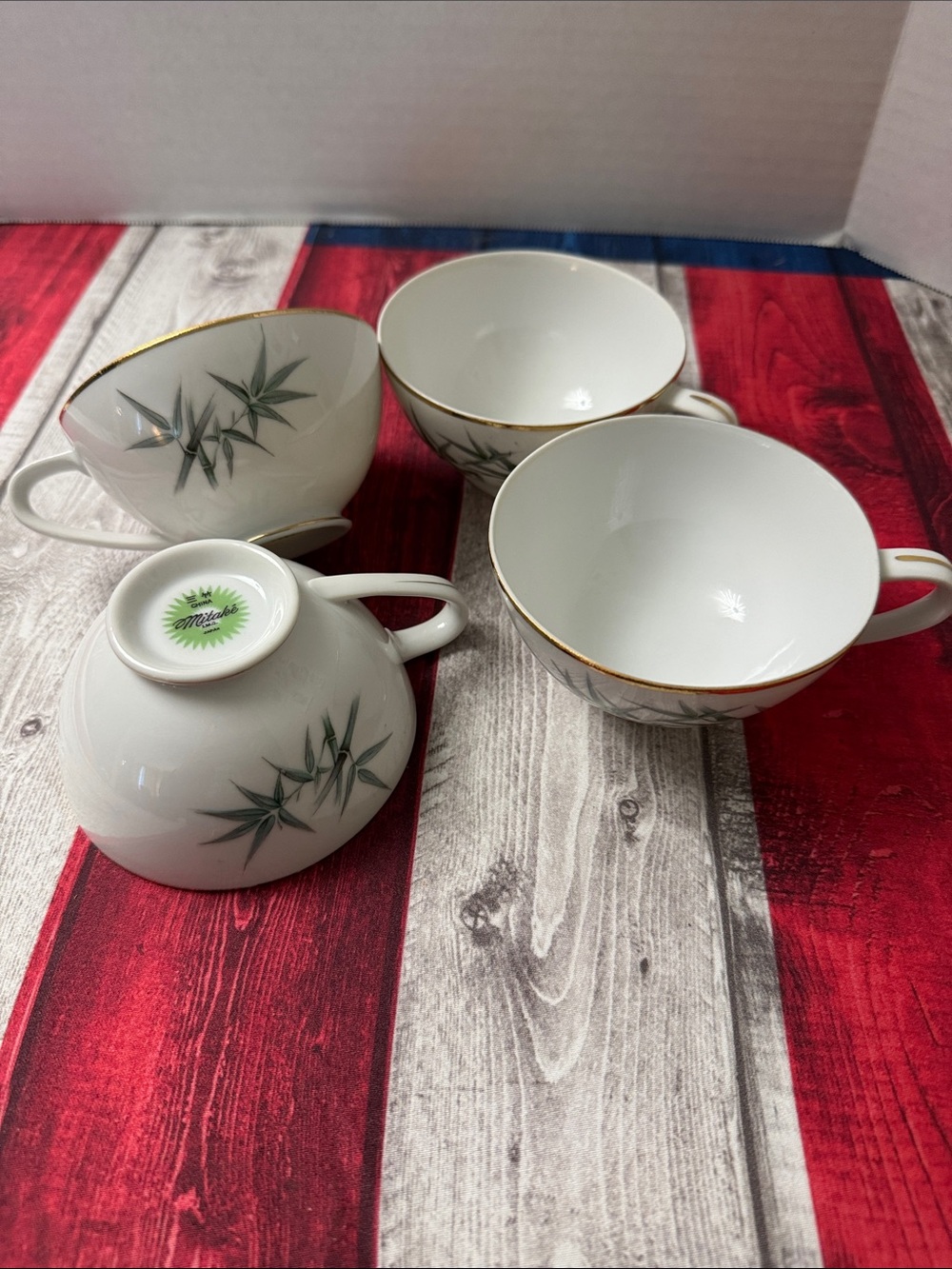 Vintage Fine Porcelain Tea Cups with Green Bamboo Motif and Gold Trim